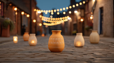 A warm and inviting street scene showcases beautifully crafted earthenware jars, illuminated by soft glowing lights, creating a cozy and enchanting evening atmosphere.の素材