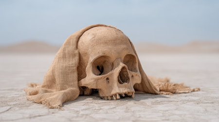 Discover an evocative image of a skull resting on dry sand, covered by a worn cloth, highlighting themes of solitude and the passage of time in nature's landscape.の素材