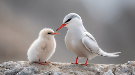 A heartwarming scene of a fluffy Arctic tern chick interacting with its parent in a rocky nesting environment, showcasing the bond and nurturing behavior in nature.の素材