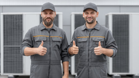 Two HVAC professionals proudly display thumbs up in front of modern air conditioning units, showcasing their readiness for quality service and customer satisfaction.の素材