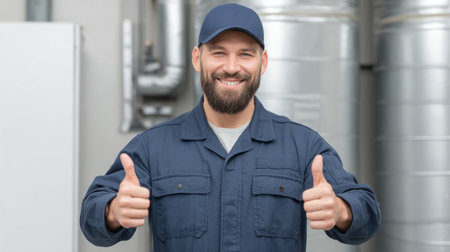 A cheerful HVAC specialist in uniform gives a thumbs-up, showcasing professionalism and satisfaction in a modern workshop. Ideal for service and trade themes.の素材