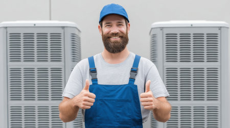 A cheerful technician stands in front of air conditioning units, giving a thumbs up. His friendly demeanor and professional attire reflect confidence and dedication to service.の素材