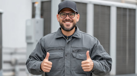 A cheerful HVAC specialist in uniform gives a thumbs-up outdoors, showcasing confidence and professionalism alongside modern equipment, perfect for service and repair themes.の素材