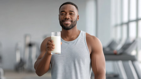 A confident young man smiles while holding a glass of milk in a gym setting, promoting wellness, health, and the importance of nutrition after workout routines.の素材
