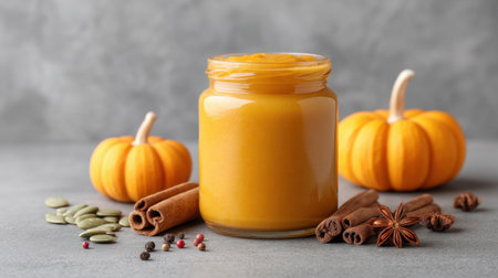 This captivating image features a glass jar of luscious pumpkin puree, artfully surrounded by aromatic spices and decorative pumpkins, perfect for cooking inspiration.の素材