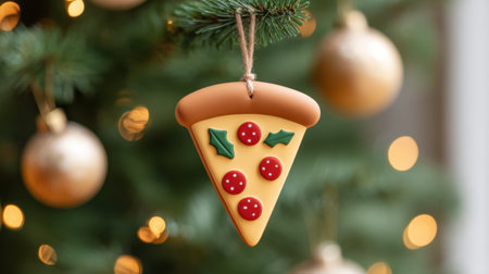 A delightful pizza slice ornament hanging on a Christmas tree, surrounded by golden baubles and warm lights, perfect for adding a unique and cheerful touch to holiday decor.の素材