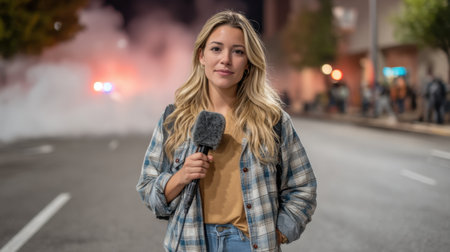 A confident woman stands on a city street, holding a microphone amid a smoky backdrop of protest lights, capturing the essence of dynamic news coverage at night.の素材