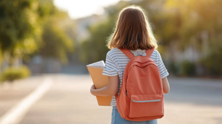 Young girl with a colorful backpack walks down a sunny street, holding a notebook in hand, embodying the spirit of adventure and youth on her way to school.の素材