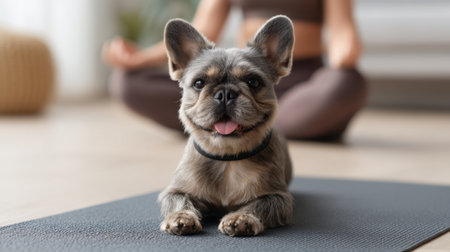 A small, adorable dog stretches on a yoga mat while a woman practices yoga in a serene indoor environment, embodying the harmony between pet companionship and wellness.の素材