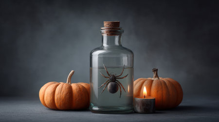 Experience an intriguing still life scene featuring a spider in a glass bottle, complemented by autumn pumpkins and a flickering candle, evoking an eerie atmosphere.の素材