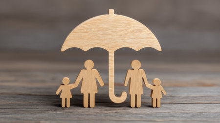 Explore the concept of family protection through wooden icons symbolizing unity and safety under an umbrella on a rustic table, highlighting love and care.の素材