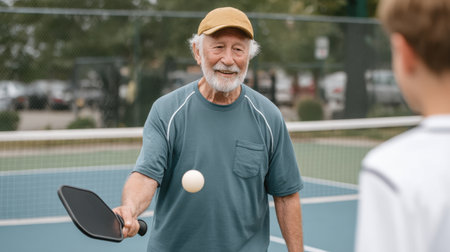 A senior athlete swings a paddle during an engaging pickleball game, showcasing skill and focus in a friendly outdoor setting, promoting activity and enjoyment.の素材