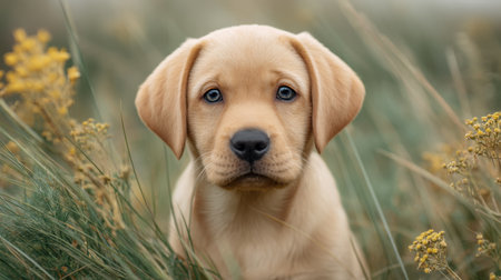 This charming image features an adorable puppy with striking blue eyes peeking through vibrant tall grass, capturing a playful and innocent moment in nature.の素材