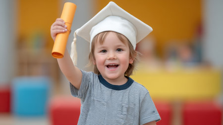 A joyful child wearing a graduation hat proudly waves a diploma during a ceremony, capturing a moment of achievement and celebration in a vibrant classroom.の素材