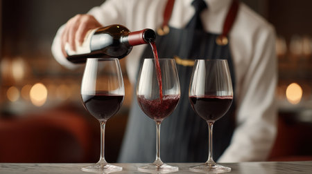 Experience the art of wine pouring as a sommelier elegantly fills crystal glasses with rich red wine under moody lighting, perfect for a refined dining ambiance.の素材