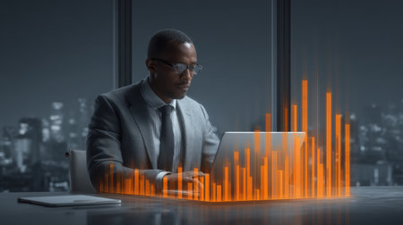 A professional man is seated at a modern office desk, working on a laptop. The scene is enhanced by a glowing orange holographic display illustrating data analysis in an urban night setting.の素材