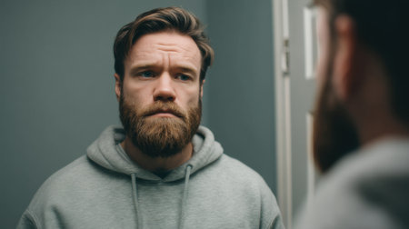 A man with a beard looks thoughtfully into a mirror under soft, dim light, reflecting deep emotions and serious contemplation, capturing a moment of introspection.の素材