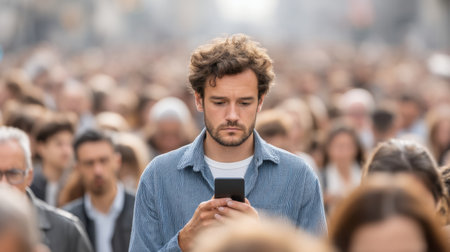 A solitary man stands in a thronged urban crowd, immersed in his smartphone, embodying the feeling of being overwhelmed in a chaotic city environment.の素材