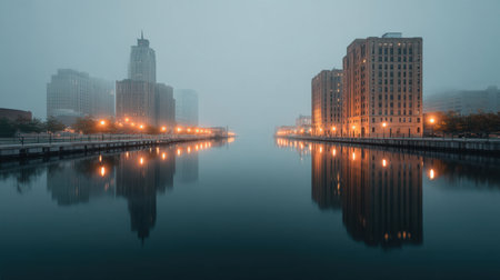 This tranquil waterfront scene captures buildings fading into fog at dusk, creating a serene atmosphere. The reflection of lights on calm water adds to the peaceful ambiance.の素材