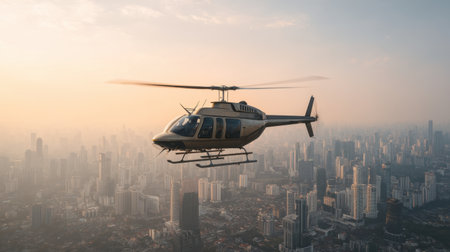 A stunning aerial view of a helicopter soaring above a bustling city skyline at dusk, highlighting modern buildings and the incredible urban landscape below.の素材