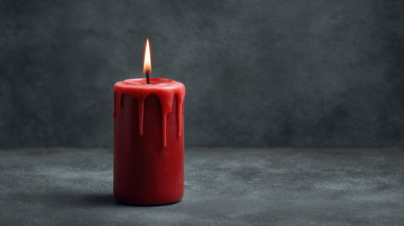 A striking crimson candle stands alone, with wax dripping down its sides, creating a dramatic and moody gothic atmosphere against a dark textured background.の素材