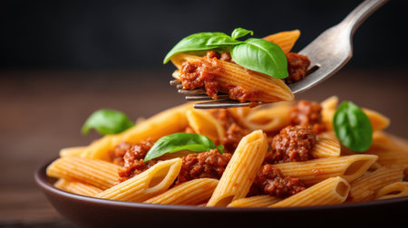 Enjoy a captivating view of twirled pasta on a fork, draped in a rich red sauce and garnished with fresh basil, creating an irresistible dish perfect for any occasion.の素材