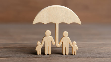 This image captures a family shielding concept with wooden icons on a rustic table, illustrating the bond between parents and children under a protective umbrella.の素材