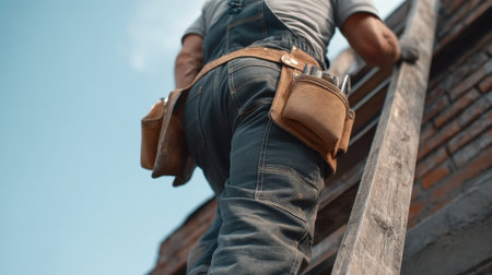 A skilled repair worker is captured in a moment of ascent on a ladder, showcasing tools on his waist against a backdrop of a clear blue sky, highlighting the task's precision.の素材
