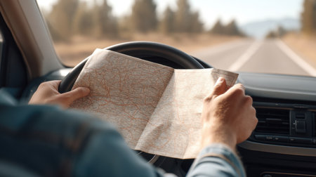 A traveler navigates an open road while holding a paper map, embodying the spirit of adventure. The scene evokes feelings of freedom and exploration amidst nature.の素材