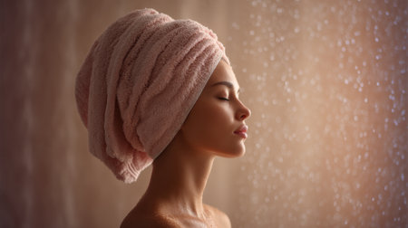 A beautiful woman in a stylish shower cap basks in soft light, capturing a tranquil moment that symbolizes relaxation, beauty, and self-care in an elegant setting.の素材