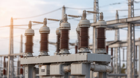 A detailed view of high voltage electrical equipment at a power substation, showcasing insulators and transformers under a stunning sunset sky, emphasizing industrial technology.の素材