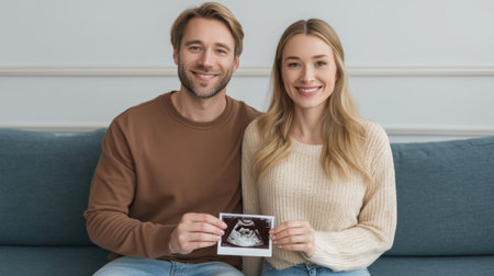 A joyful couple proudly poses with an ultrasound image, celebrating their upcoming journey into parenthood in a warm, inviting living room atmosphere.の素材