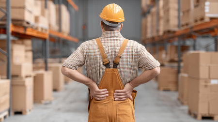A male worker in a yellow hard hat stands in a warehouse with his hands on his lower back, surrounded by neatly stacked boxes in an organized storage space.の素材