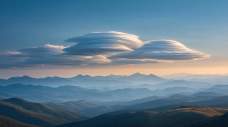 Experience the breathtaking beauty of a mountain landscape adorned with stunning layered lenticular clouds, creating a serene and tranquil atmosphere at sunset.の素材