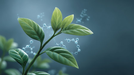 A stunning close-up of green leaves featuring glowing molecular structures, symbolizing the bond between nature and science in a vibrant environment.の素材