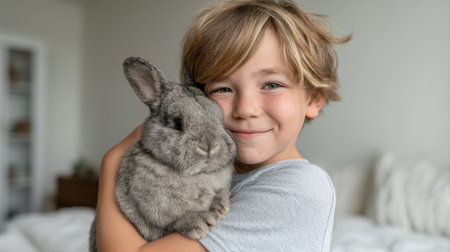 A heartwarming scene of a boy with a joyful smile, lovingly hugging a gray rabbit in a bright, airy room, showcasing the special bond between children and their pets.の素材