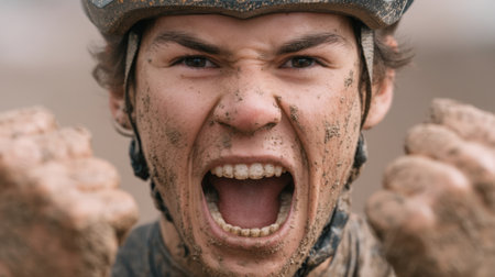 A cyclist celebrates an impressive victory in a muddy terrain, raising fists in the air with an excited expression filled with joy and triumph, embodying the spirit of adventure.の素材