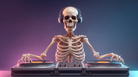 A creative depiction of a skeleton DJ spinning records at a vibrant Halloween party, complete with colorful lights and headphones, perfect for festive event themes.の素材