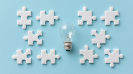 This image captures the essence of problem solving with a lightbulb surrounded by puzzle pieces, symbolizing creativity and insight on a calm blue backdrop.の素材