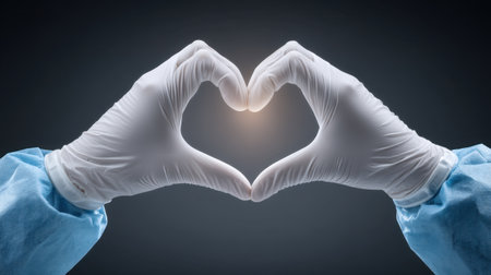 A pair of gloved hands creatively forming a heart shape with a glowing center, symbolizing love and care in a digital and artistic representation suitable for health themes.の素材