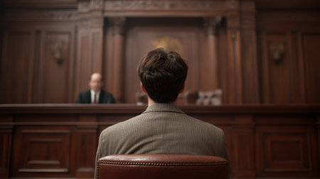 A focused scene featuring a defendant seated in a courtroom, facing a judge during a legal proceeding, showcasing the seriousness of the judicial environment.の素材