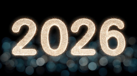 This captivating image displays sparkling light trails forming the number 2026, set against a dreamy night backdrop, creating a magical and festive atmosphere ideal for celebrations.の素材