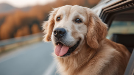 A joyful golden retriever with a relaxed expression enjoys the scenic view from a car window during an autumn ride, capturing moments of happiness and adventure.の素材