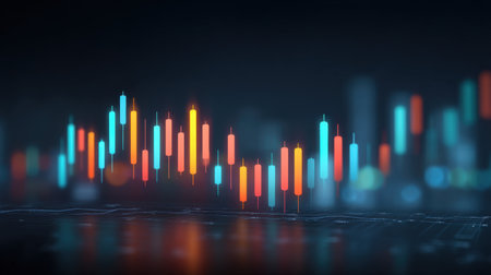 Explore a futuristic interface featuring a luminous graph that represents market trends and data analysis, perfect for financial technology and investment projects.の素材