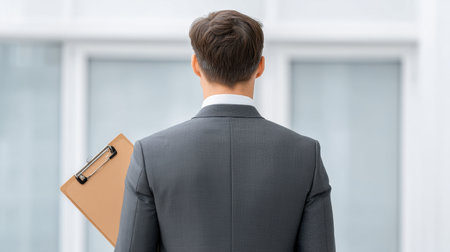 A professional man stands from behind, holding a clipboard in hand, in a modern office setting. This image captures the essence of business planning and decision-making.の素材