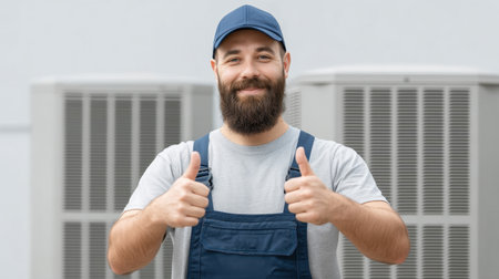 A confident HVAC service worker stands in front of air conditioning units, proudly giving double thumbs up, showcasing professionalism and satisfaction in his work.の素材