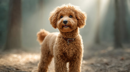 A charming brown poodle explores a serene forest setting, bathed in warm sunlight rays. This captivating image captures the playful spirit and curiosity of a beloved companion.の素材