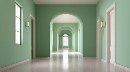 A peaceful interior corridor showcasing soft green tones with open doors, emphasizing minimalist design and elegant architecture for tranquil spaces.の素材