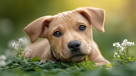 A charming light brown pup lies peacefully in soft green grass surrounded by delicate blossoms, capturing a moment of innocence and tranquility in nature.の素材