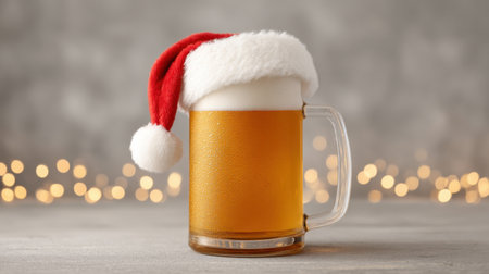 This festive beer mug features a Santa hat and frothy foam, perfect for holiday celebrations. The glowing background adds warmth and cheer to any gathering.の素材